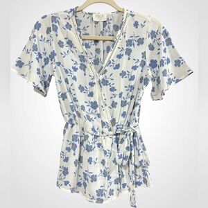 Sienna Sky Blue Floral Boho Peplum Blouse Tie Waist XS